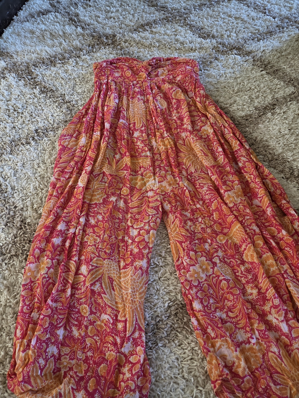 Anthropologie Pink & Orange Floral Wide-Leg strapless Jumpsuit